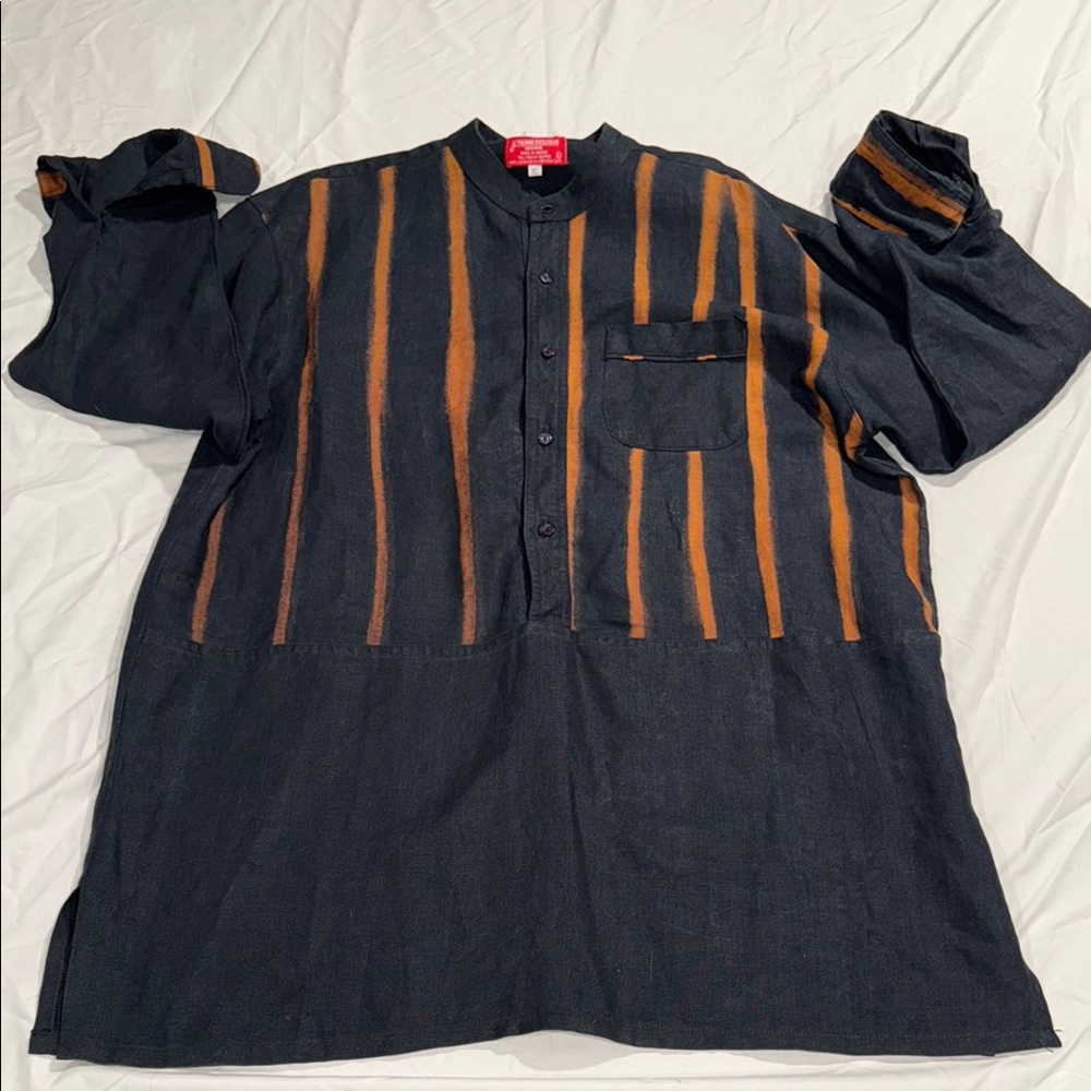 African Men's Casual Button Down Shirt - Black and Orange